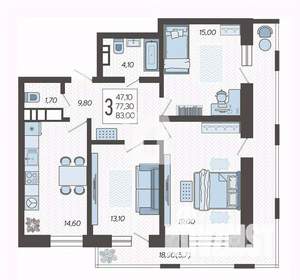 3-к квартира, вторичка, 83м2, 10/12 этаж