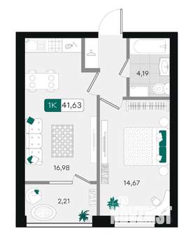 1-к квартира, вторичка, 42м2, 3/18 этаж