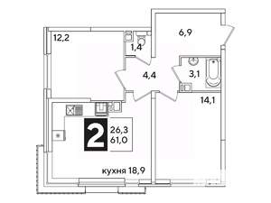 2-к квартира, вторичка, 61м2, 8/16 этаж