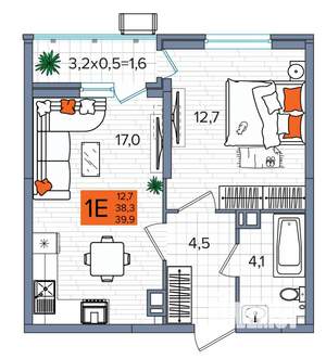 1-к квартира, сданный дом, 40м2, 9/16 этаж
