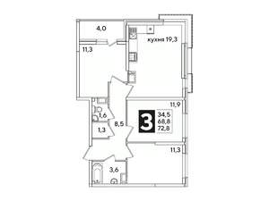 3-к квартира, вторичка, 73м2, 12/16 этаж