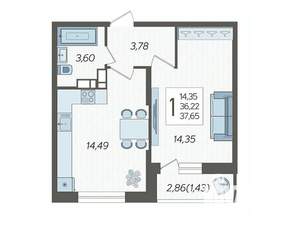 1-к квартира, вторичка, 38м2, 17/19 этаж