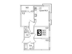 3-к квартира, вторичка, 73м2, 11/16 этаж