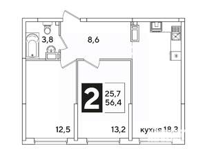 2-к квартира, вторичка, 56м2, 14/16 этаж