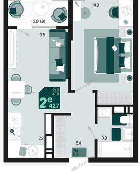 2-к квартира, вторичка, 43м2, 3/18 этаж