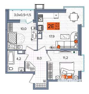 2-к квартира, сданный дом, 53м2, 10/16 этаж