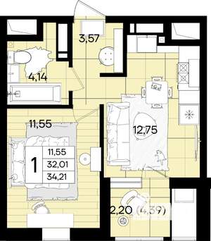 1-к квартира, вторичка, 34м2, 18/18 этаж