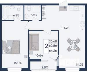 2-к квартира, вторичка, 64м2, 2/18 этаж