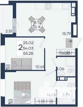2-к квартира, вторичка, 55м2, 5/18 этаж
