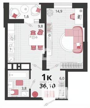 1-к квартира, вторичка, 36м2, 6/18 этаж