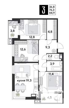 3-к квартира, строящийся дом, 85м2, 18/18 этаж