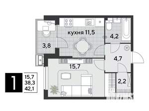 1-к квартира, вторичка, 42м2, 2/9 этаж