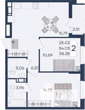 2-к квартира, вторичка, 55м2, 8/18 этаж