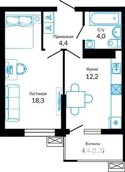 1-к квартира, вторичка, 41м2, 15/23 этаж