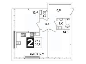 2-к квартира, вторичка, 63м2, 16/16 этаж