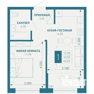 1-к квартира, строящийся дом, 40м2, 9/18 этаж