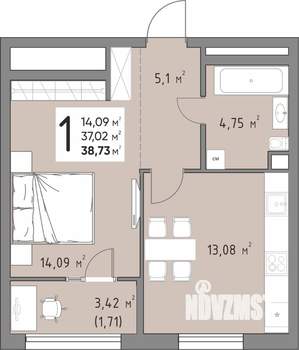 1-к квартира, вторичка, 39м2, 3/15 этаж