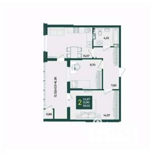 2-к квартира, вторичка, 59м2, 15/18 этаж