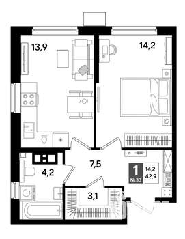 1-к квартира, строящийся дом, 43м2, 5/19 этаж