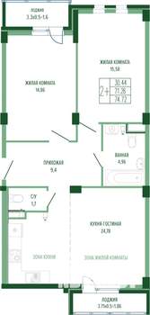 2-к квартира, сданный дом, 77м2, 1/4 этаж