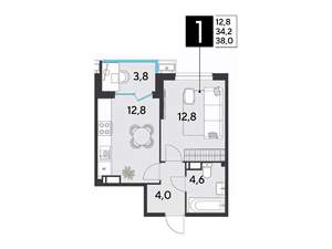 1-к квартира, строящийся дом, 38м2, 12/18 этаж
