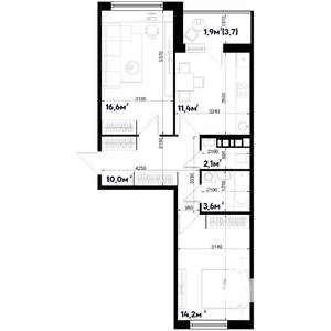 2-к квартира, строящийся дом, 60м2, 1/9 этаж
