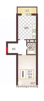 1-к квартира, вторичка, 58м2, 6/16 этаж