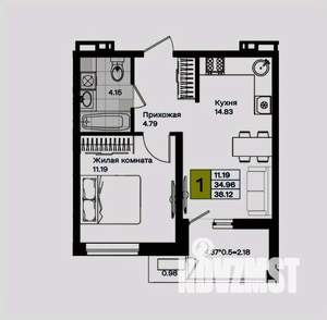 1-к квартира, вторичка, 38м2, 2/9 этаж