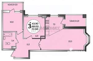 3-к квартира, вторичка, 73м2, 8/16 этаж