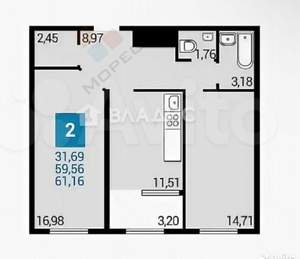 2-к квартира, вторичка, 59м2, 19/25 этаж