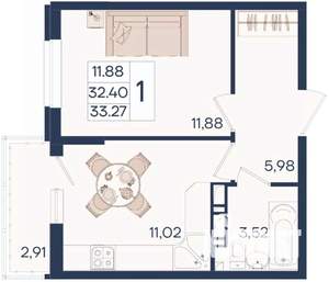 1-к квартира, вторичка, 33м2, 7/18 этаж