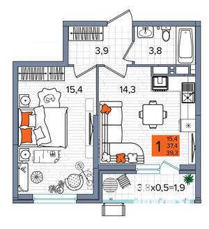 1-к квартира, сданный дом, 39м2, 15/16 этаж