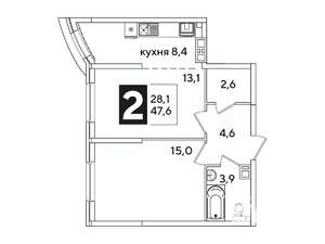 2-к квартира, вторичка, 48м2, 8/16 этаж