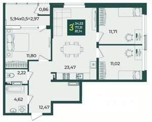 3-к квартира, вторичка, 81м2, 7/18 этаж