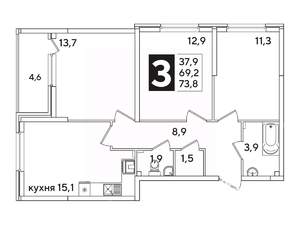 3-к квартира, вторичка, 73м2, 5/16 этаж
