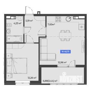 1-к квартира, строящийся дом, 46м2, 3/5 этаж