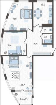 3-к квартира, вторичка, 98м2, 6/24 этаж