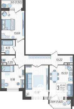 3-к квартира, строящийся дом, 80м2, 22/23 этаж