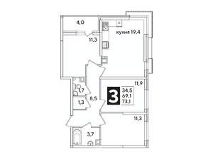 3-к квартира, вторичка, 73м2, 5/16 этаж