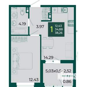 1-к квартира, вторичка, 38м2, 5/18 этаж