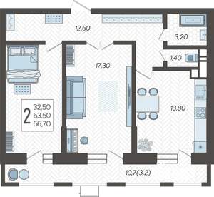2-к квартира, строящийся дом, 68м2, 8/12 этаж