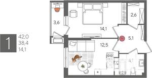 1-к квартира, строящийся дом, 42м2, 8/24 этаж