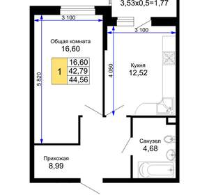 1-к квартира, вторичка, 45м2, 4/15 этаж