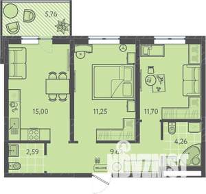 2-к квартира, вторичка, 59м2, 1/16 этаж