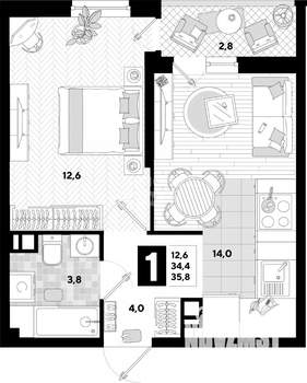 1-к квартира, вторичка, 34м2, 7/16 этаж