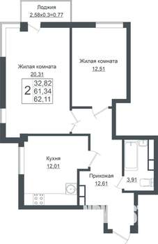 2-к квартира, вторичка, 63м2, 2/7 этаж