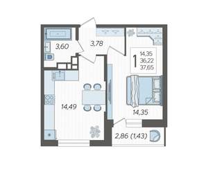 1-к квартира, строящийся дом, 38м2, 7/12 этаж