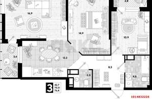 3-к квартира, вторичка, 70м2, 15/16 этаж