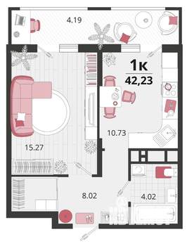 1-к квартира, вторичка, 42м2, 16/18 этаж