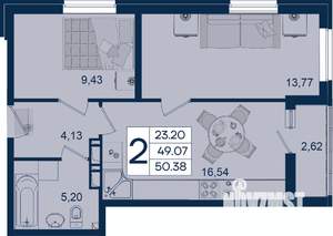 2-к квартира, вторичка, 50м2, 3/18 этаж